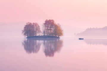 Sticker - Long exposure photography of a small island with trees in the middle, a calm lake, reflection on the water, a pink sky, a boat floating far away, soft pastel colors, a calm and peaceful atmosphere, a 