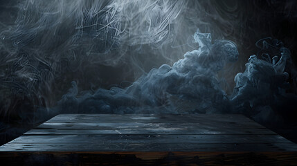 Wall Mural - A dark room with smoke and a wooden table. Scene is mysterious and eerie