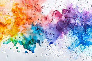 Wall Mural - Abstract watercolor splashes in a rainbow of colors on white paper.