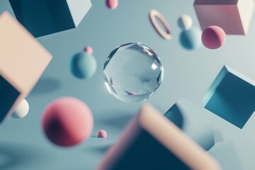 Wall Mural - minimalistic abstract 3d render of geometric shapes floating in space, with pastel colors.