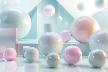 Wall Mural - minimalistic abstract 3d render of geometric shapes floating in space, with pastel colors.