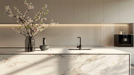 Wall Mural - A minimalist kitchen with a polished marble countertop, high-end appliances, and a single vase of fresh flowers on the island