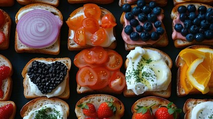 Wall Mural -   A clear image shows an array of sandwiches adorned with fruits and vegetables