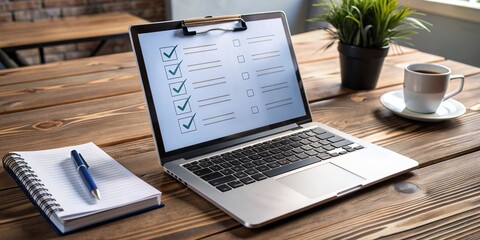 Business performance checklist and clipboard on wooden desk with laptop displaying online survey form, emphasizing efficient management and evaluation in a corporate setting.