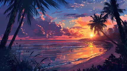 Poster - Sunset Beach with Palm Trees