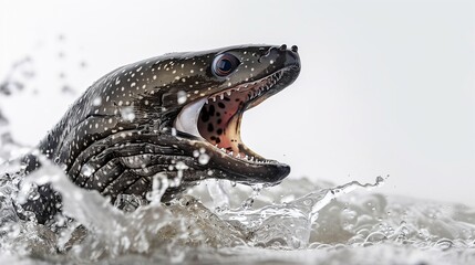 Wall Mural - A dramatic of a moray eel in mid-attack, its mouth wide open revealing sharp teeth, set against a stark white background. The eel's elongated, serpentine body is captured in