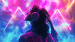 © sajida - A woman listening to music with colorful headphones, dancing or enjoying herself, with a background of neon lights or colorful abstract shapes