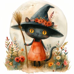 Adorable witch cat with a tiny broom, flying over a full moon, Single Object, watercolor on white background