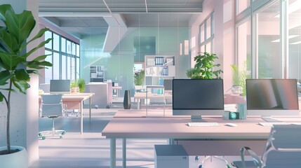 Wall Mural - A realistic of a modern office interior designed in pastel tones. The office features sleek desks with high-end computers and various office equipment. Soft pastel colors