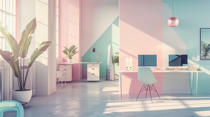 Wall Mural - A realistic of a stylish modern office in pastel tones. The interior features elegant desks equipped with the latest computers and office technology. The pastel color palette