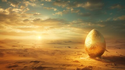 Wall Mural - Surreal desert landscape with glowing golden egg, dreamy sky, ultra realistic photography style, high resolution image, very detailed, cinematic lighting, soft light 