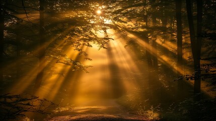 Wall Mural - A vibrant capturing the beauty of sunlight breaking through the forest trees at sunrise. The beams of light create a stunning contrast with the dark silhouettes of the trees,