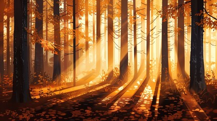 Wall Mural - An illustration in flat style depicting sunbeams streaming through the tall trees of a forest at dawn. The soft golden light highlights the textures of the bark and the delicate