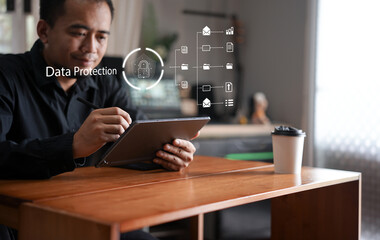 Cyber security network. Data protection concept. Businessman using laptop computer with digital padlock on internet technology networking with cloud computing and data management, cybersecurity
