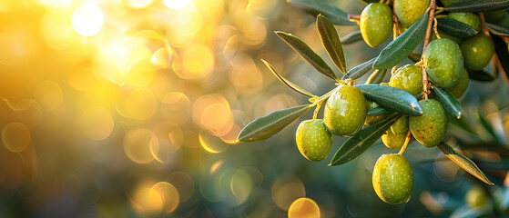 Green olives on the branch tree in olives garden macro