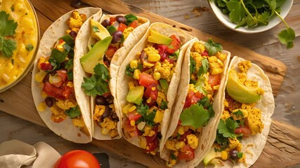 Wall Mural - A selection of vegan breakfast tacos filled with scrambled tofu black beans and roasted vegetables paired with a refreshing fruit smoothie.