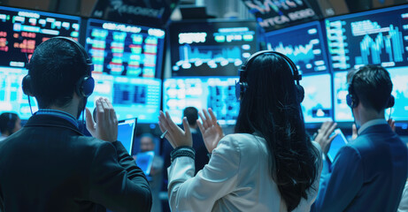 Canvas Print - A group of business people wearing headsets and holding blue documents, standing in front of the trading floor at a stock exchange, clapping their hands as they watch the screen displaying market data