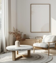 Wall Mural - A mockup of an empty blank poster frame on the wall in a living room, with a modern interior design style featuring white walls and light wood cabinets, a marble coffee table, cream carpet, oak furnit