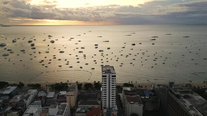 Wall Mural - Aerial sunset view of Pattaya beach Thailand 