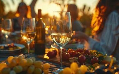 A group of people are sitting around a table with wine glasses and plates of food. Scene is relaxed and social, as the people are enjoying a meal together