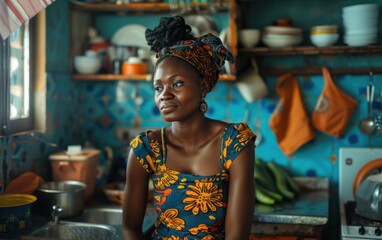 Wall Mural - A woman in a colorful dress is sitting in a kitchen. The kitchen is full of various items, including bowls, plates, and a sink. The woman is in a relaxed and comfortable mood