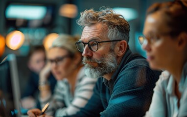 Poster - A man with glasses and a beard is looking at a computer screen. He is wearing a blue shirt