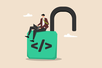 Open source coding, digital products granting permission to use and modify source code, female programmer using laptop to unlock a padlock with coding symbols.