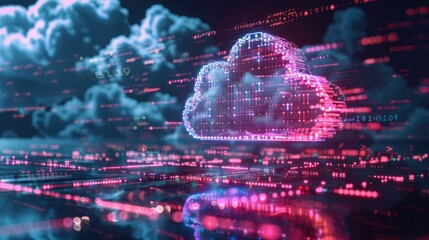 Futuristic cloud web storage, global social media data on AI server, binary code backdrop