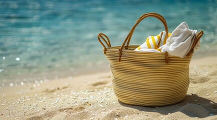 Close up of a beach bag with a towel on the sandby the sea on a sunny day, depicting a summer vacation concept, with high detail and an ultra realistic photo