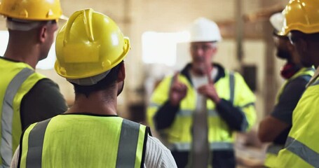 Aufkleber - Construction team, question and safety check on site for compliance, accountability and ppe with helmet. People, meeting and worker inspection in building for regulation, management and protection
