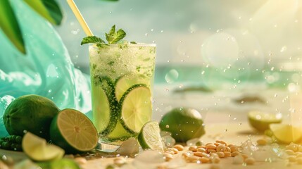 Poster - A glass of limeade with a straw and lime slices