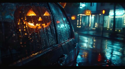 Poster - A car with a jack o lantern on the side of it