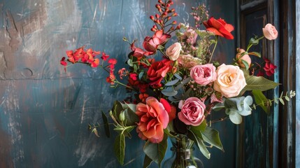 Canvas Print - A vase filled with pink and red flowers