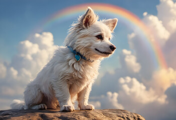 Happy dog with a rainbow  