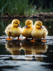 Wall Mural - Fluffy ducklings waddling near pond edg