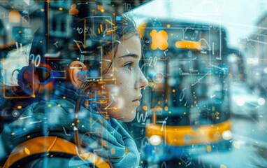 Wall Mural - A girl is looking out of a window of a bus. The bus is yellow and there are other vehicles in the background. The girl is wearing a blue jacket and a scarf