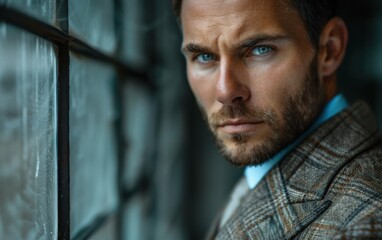 Wall Mural - A man with a beard and blue shirt is standing in front of a window. He looks serious and focused