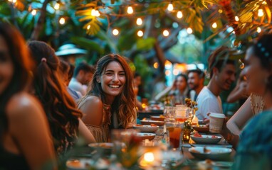 A group of people are sitting around a table with food and drinks, smiling and enjoying each other's company