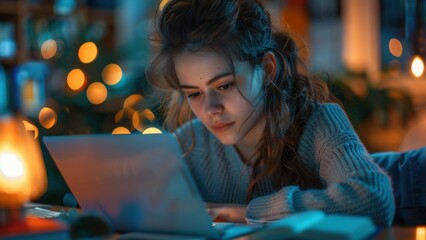 Wall Mural - A woman is sitting on a couch and looking at a laptop. The room is dimly lit, and there are several books scattered around the area. The woman is focused on her work or browsing the internet