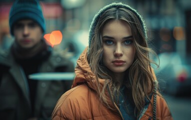 Wall Mural - A woman in a yellow jacket stands in front of a man in a blue hat. The woman has a serious expression on her face