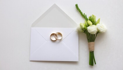 Wall Mural - Wedding card in white colors with flowers and wedding ring 