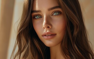 A woman with long brown hair and green eyes. She has a nice smile and is looking at the camera