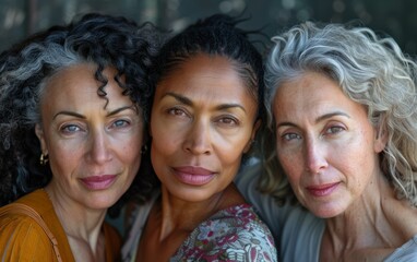 Wall Mural - Three women with different hair colors and styles are posing for a photo. Scene is friendly and lighthearted, as the women are smiling and enjoying each other's company