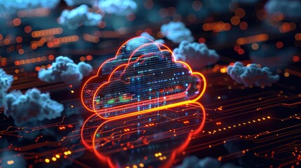 Modern cloud web storage, AI server for global social media, binary code futuristic theme