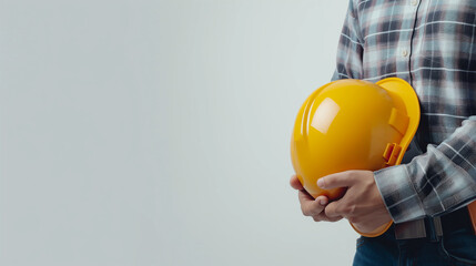 Construction worker holding helmet on white background with copy space