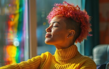 Wall Mural - A woman with pink hair is sitting in a yellow sweater and looking out the window. She is relaxed and enjoying the view