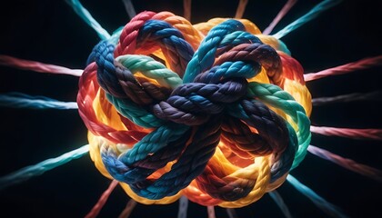 Team rope diverse strength connect partnership together teamwork unity communicate support. Strong diverse network rope team concept integrate braid color background cooperation empower power.