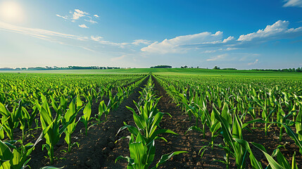 Wall Mural - Large corn fields under blue sky and white clouds