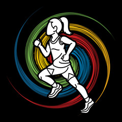 Sticker - A Girl Running A Child Run Action Cartoon Sport Graphic Vector