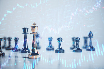 Wall Mural - Creative chessboard with growing forex chart on blurry backdrop. Trade, strategy and stock concept. Double exposure.